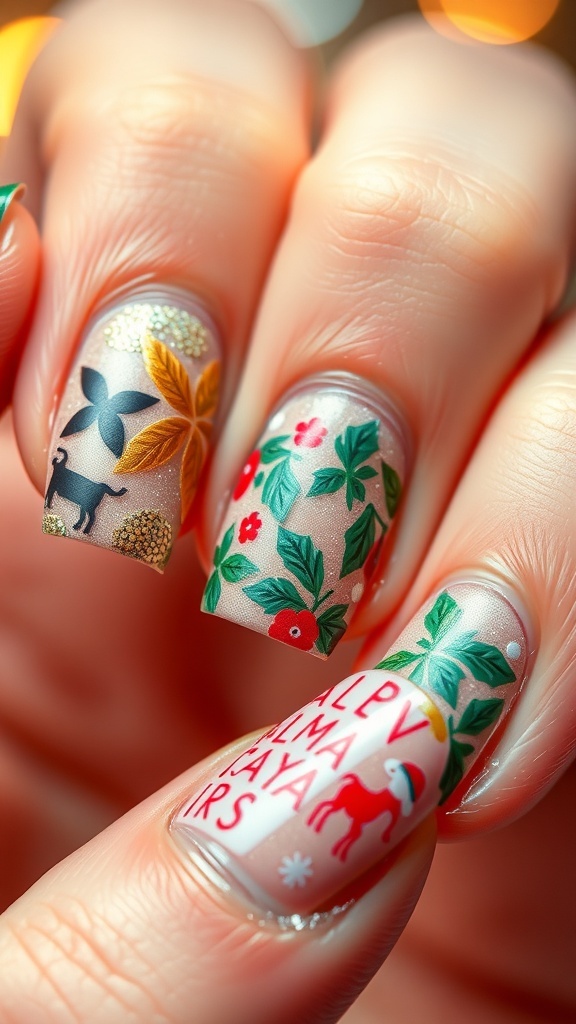 Close-up of short Christmas nails with exotic designs in vibrant colors.